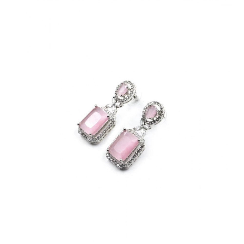 Women'S Brass Silver Plated Drop Earrings (Pink)