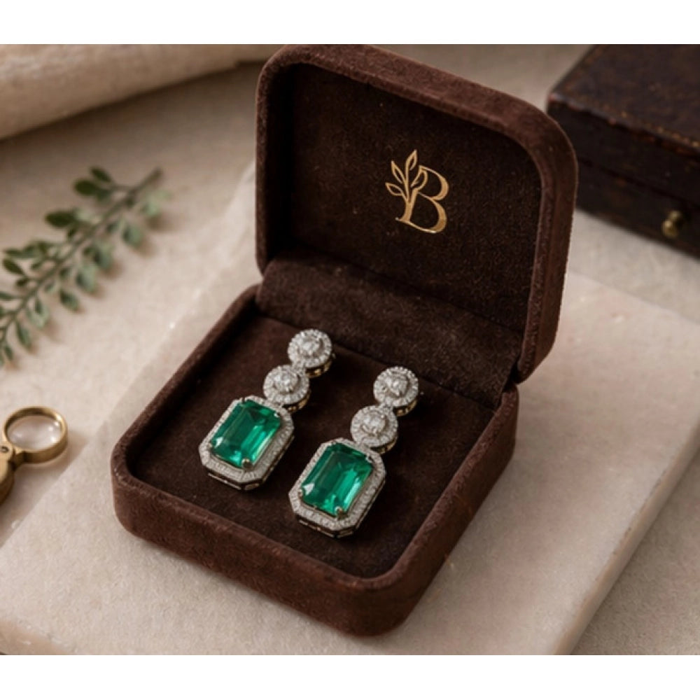 Women'S Brass Silver Plated Drop Earrings (Green)