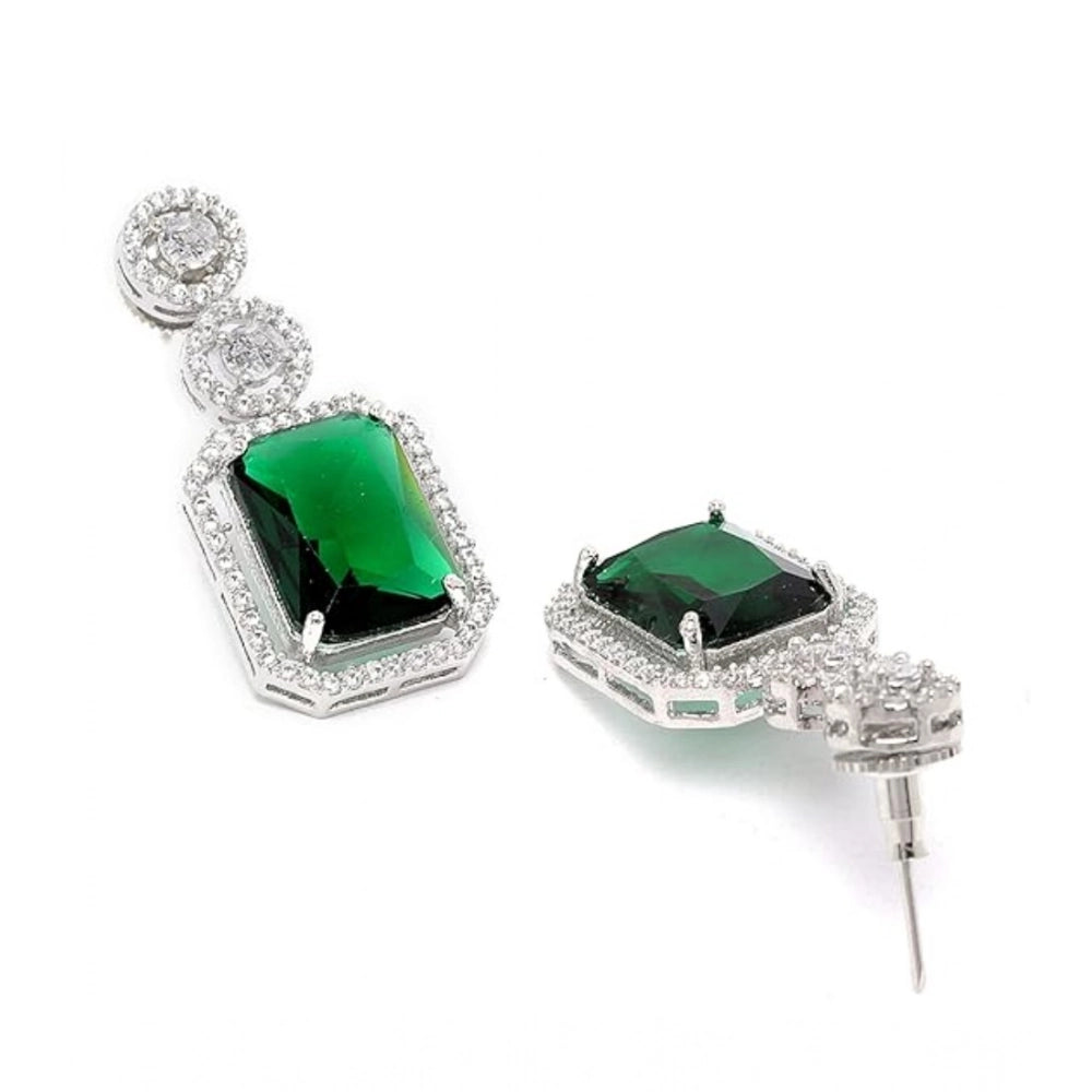 Women'S Brass Silver Plated Drop Earrings (Green)
