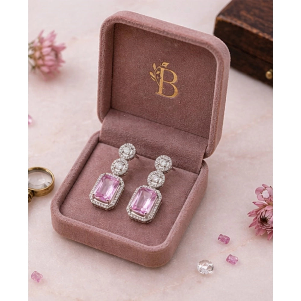 Women'S Brass Silver Plated Drop Earrings (Pink)
