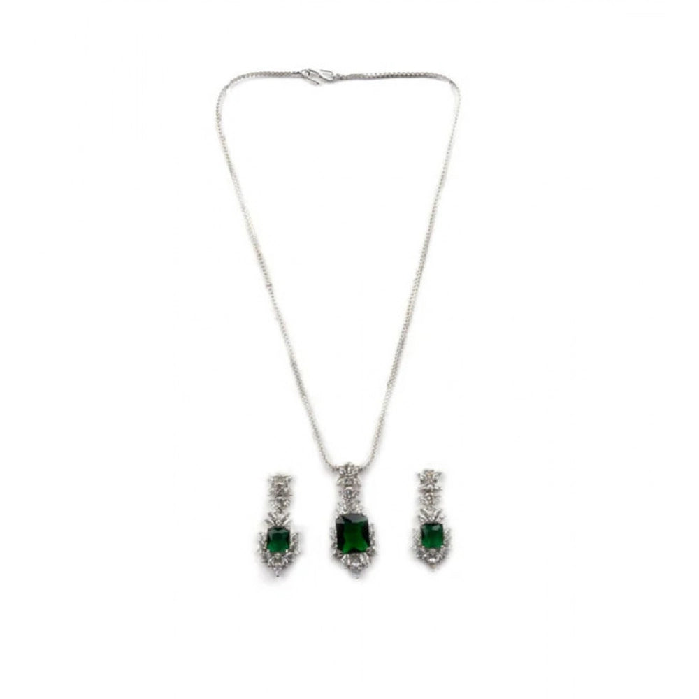 Women'S Brass Silver Plated Pendant Set (Green)
