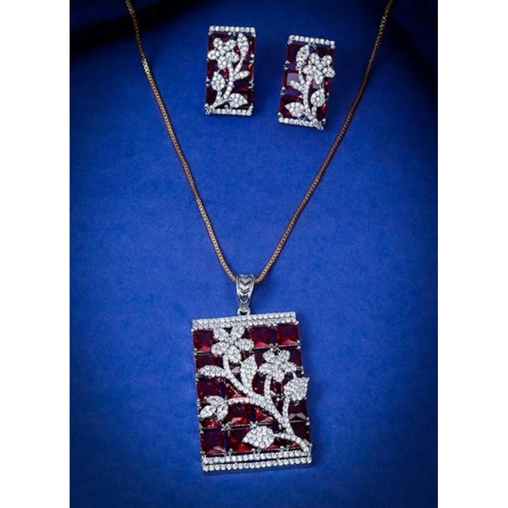 Women'S Brass Silver Plated Pendant Set (Red)