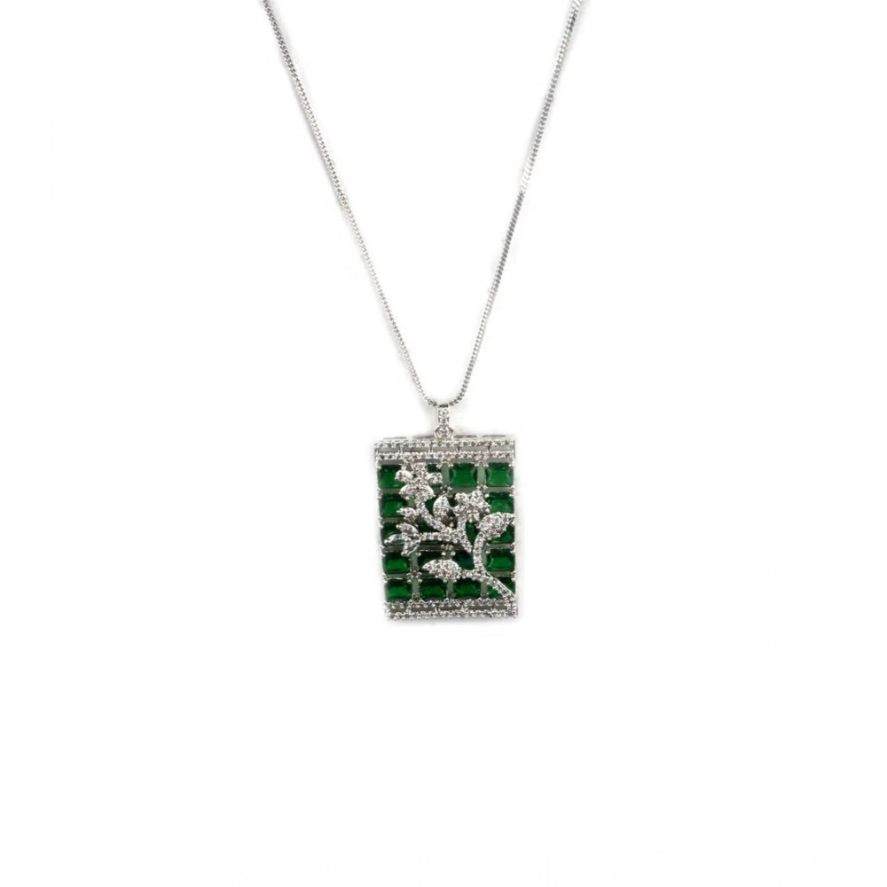 Women'S Brass Silver Plated Pendant Set (Green)