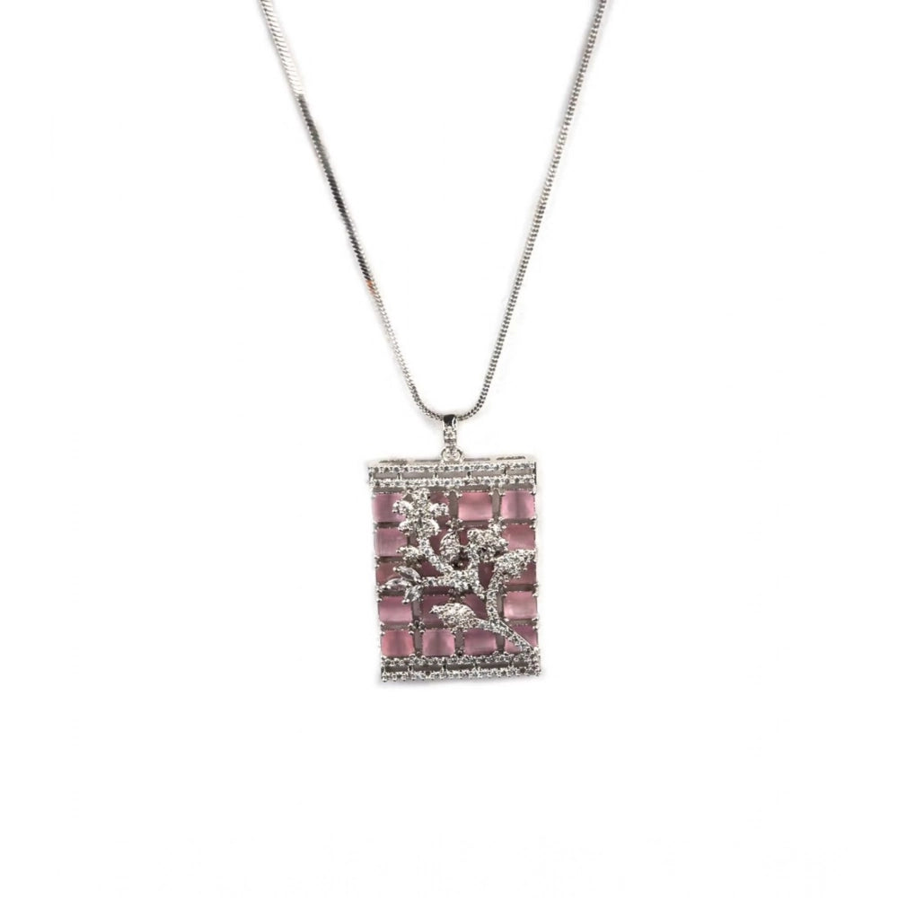 Women'S Brass Silver Plated Pendant Set (Pink)