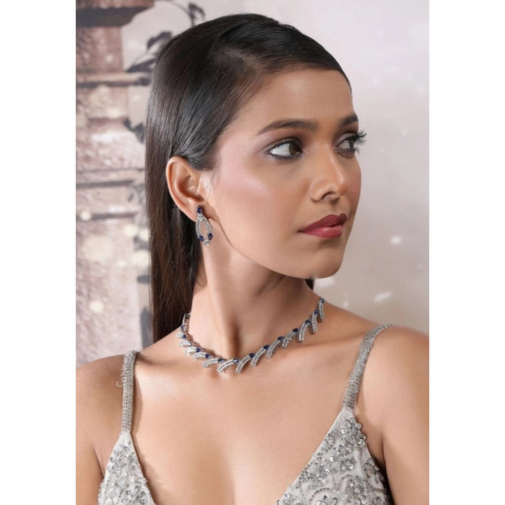 Women'S Brass Silver Plated Necklace Set (Blue)