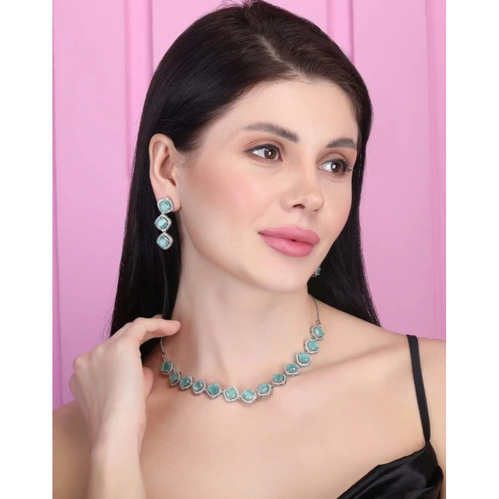 Women'S Brass Silver Plated Necklace Set (Turquoise)