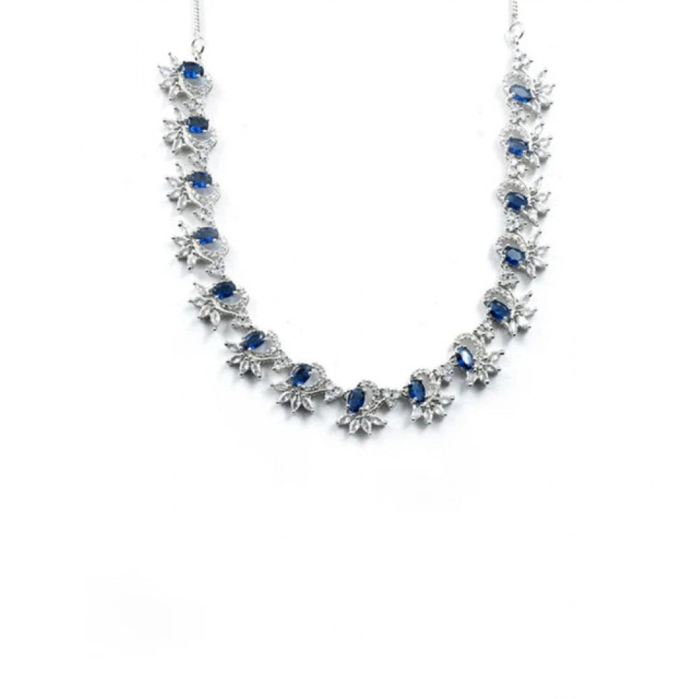 Women'S Brass Silver Plated Necklace Set (Blue)