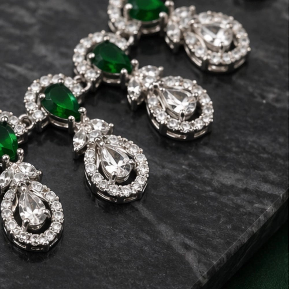 Women'S Brass Silver Plated Necklace Set (Green)