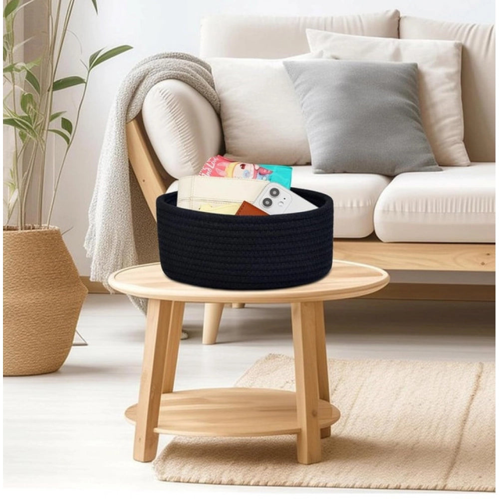 Cotton 8X3 Inch Round 1 Pcs Bedside Organizer With Out Lid (Bl