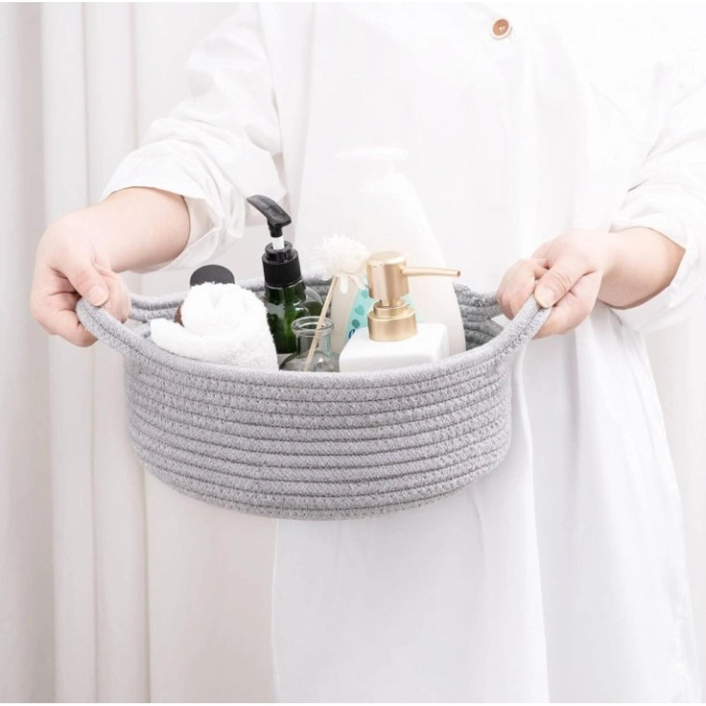 Cotton 8X3 Inch Round Bedside Organizer With Out Lid (Gray)