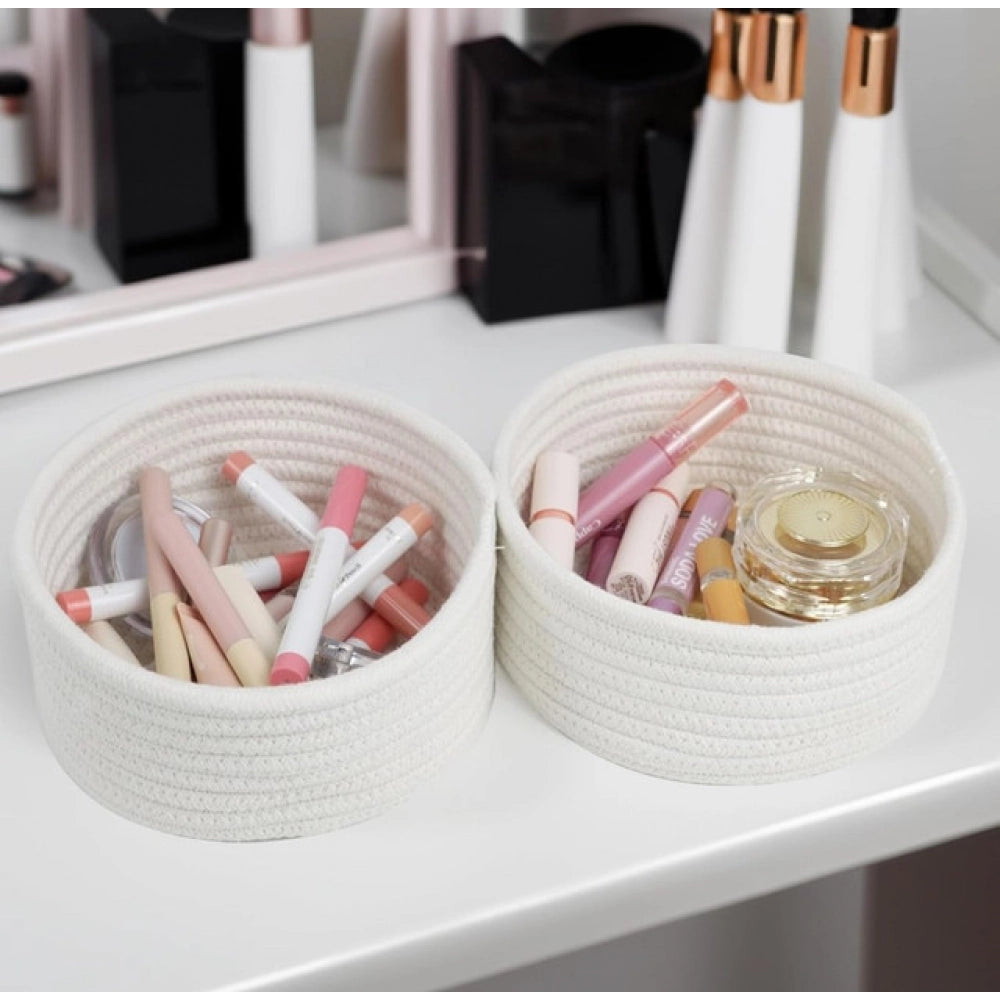 Cotton 8X3 Inch Round 3 Set Bedside Organizer With Out Lid (Wh