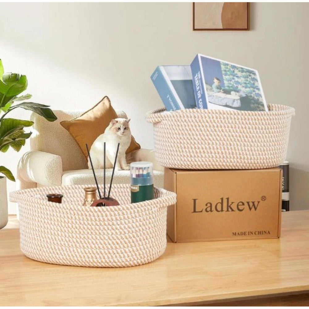 Cotton 2 Pcs 10X7X4 Inch Oval Storage Basket For Clothes (Beig
