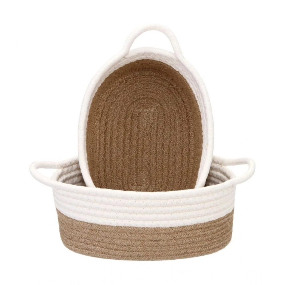 Cotton White Basket 2 Pcs Storage Basket For Clothes (Beige-Wh