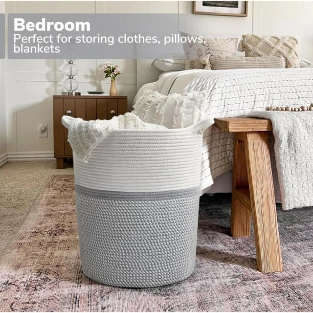 Cotton Pack Of_1 12X14 Inch Storage Basket For Clothes (Grey-W