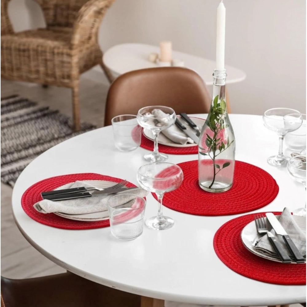Cotton Dining Table Round Placemat Mats Set Of 4 (Red)