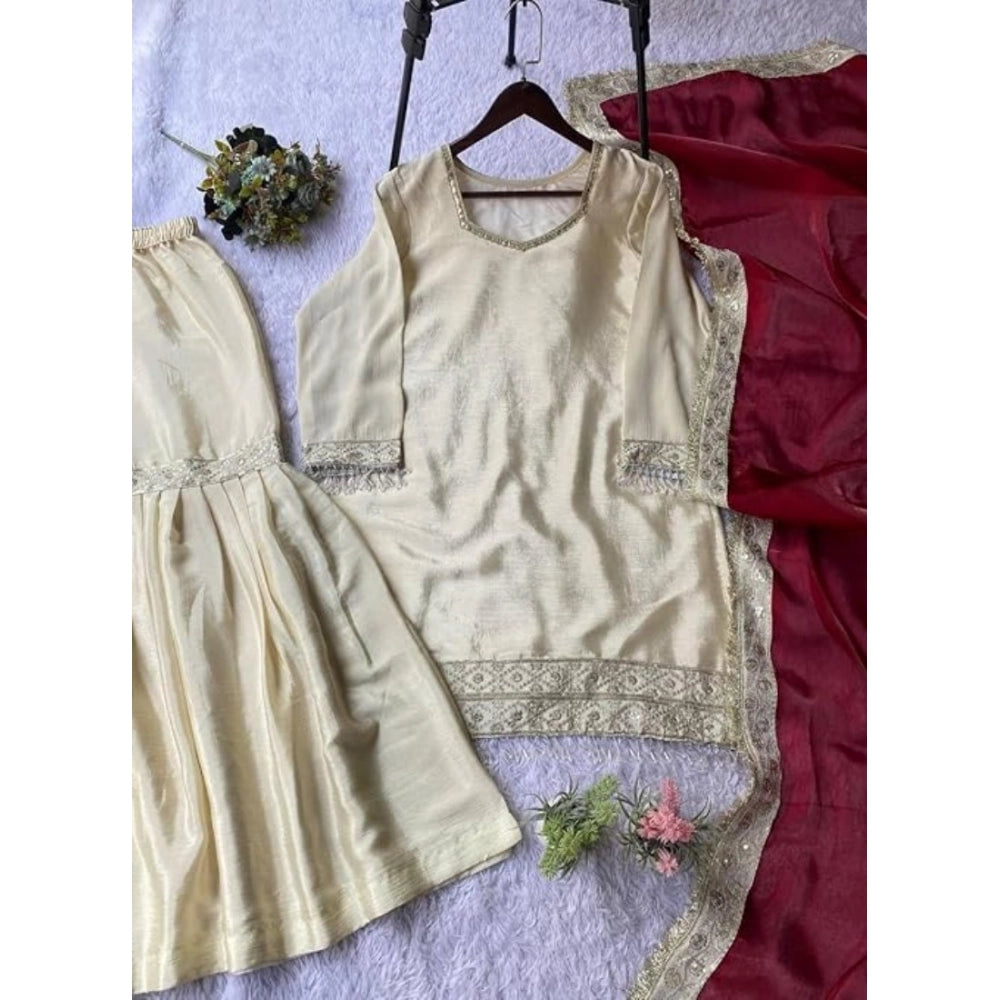 Women's Silk Embroidered 3/4th Sleeve V-Neck Kurti With Sharara Pant and Dupatta Set (Cream & Brown)