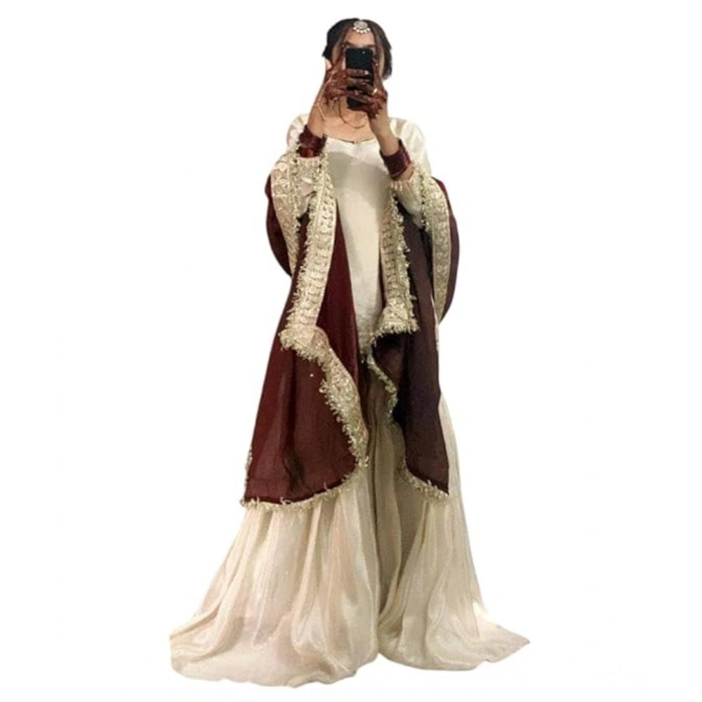 Women's Silk Embroidered 3/4th Sleeve V-Neck Kurti With Sharara Pant and Dupatta Set (Cream & Brown)