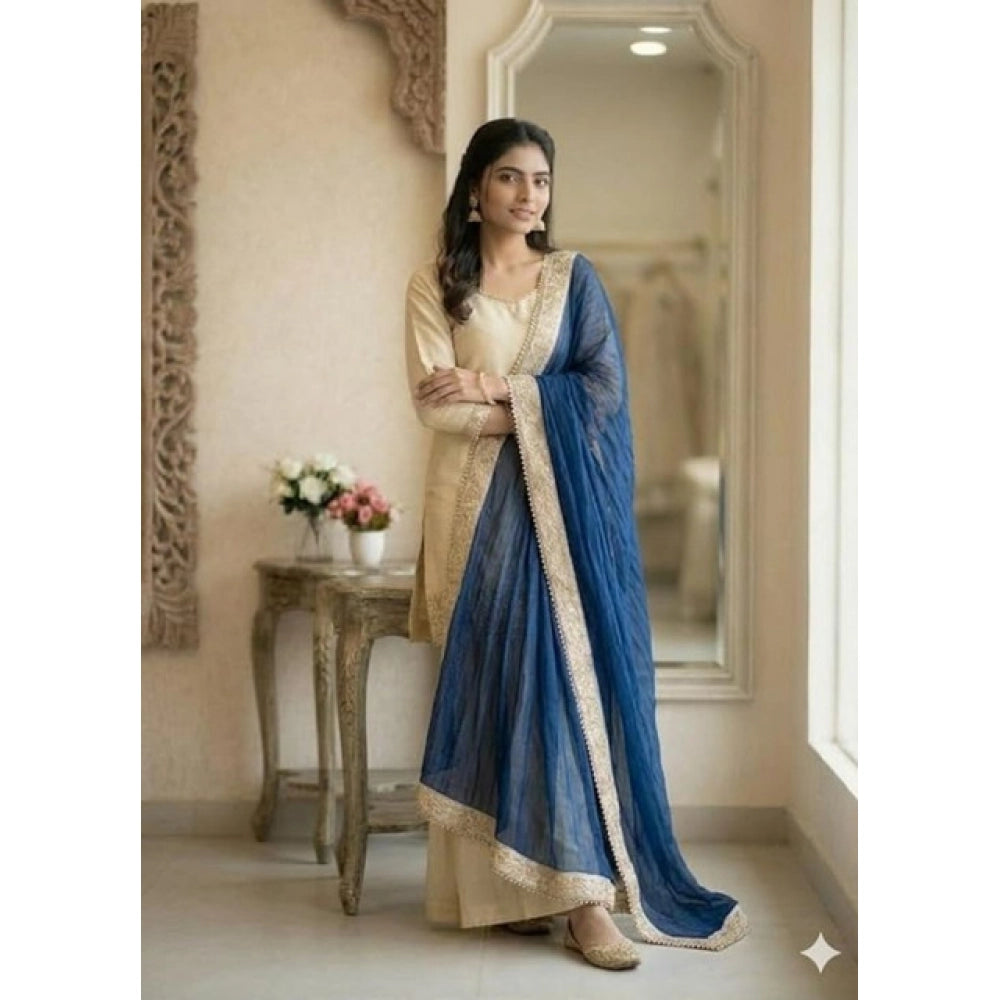 Women's Silk Embroidered 3/4th Sleeve V-Neck Kurti With Sharara Pant and Dupatta Set (Cream & Blue)