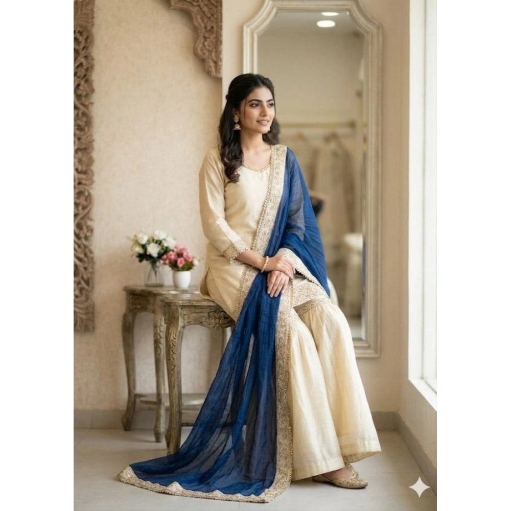 Women's Silk Embroidered 3/4th Sleeve V-Neck Kurti With Sharara Pant and Dupatta Set (Cream & Blue)