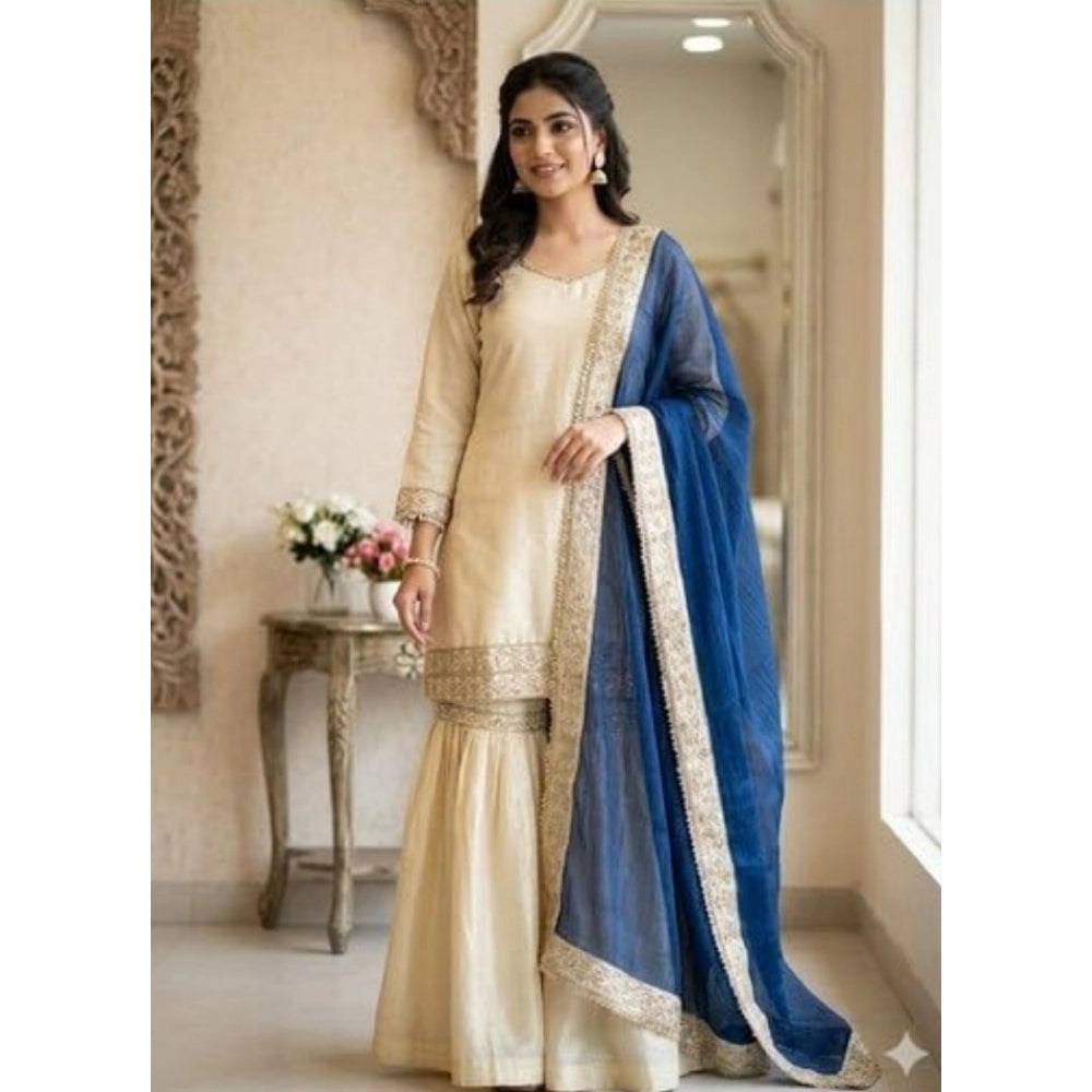 Women's Silk Embroidered 3/4th Sleeve V-Neck Kurti With Sharara Pant and Dupatta Set (Cream & Blue)