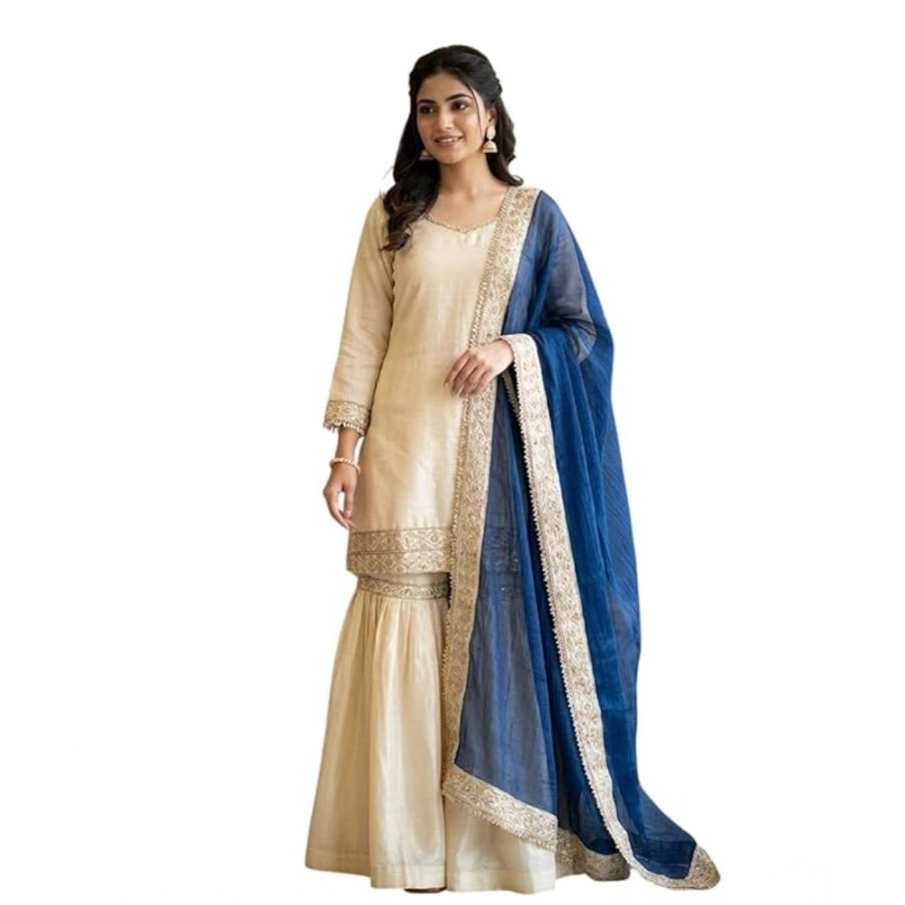 Women's Silk Embroidered 3/4th Sleeve V-Neck Kurti With Sharara Pant and Dupatta Set (Cream & Blue)