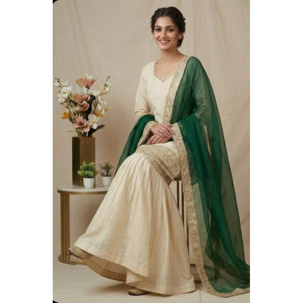 Women's Silk Embroidered 3/4th Sleeve V-Neck Kurti With Sharara Pant and Dupatta Set (Cream & Bottle Green)