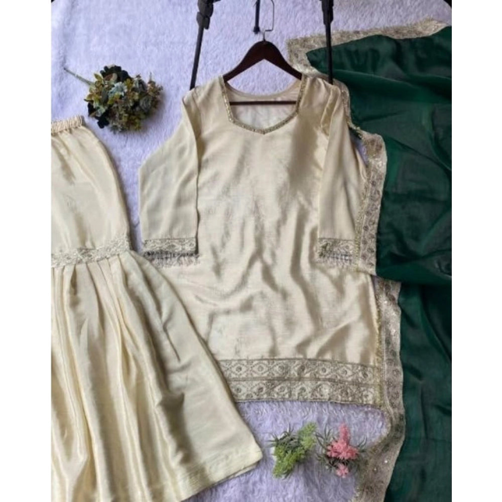 Women's Silk Embroidered 3/4th Sleeve V-Neck Kurti With Sharara Pant and Dupatta Set (Cream & Bottle Green)