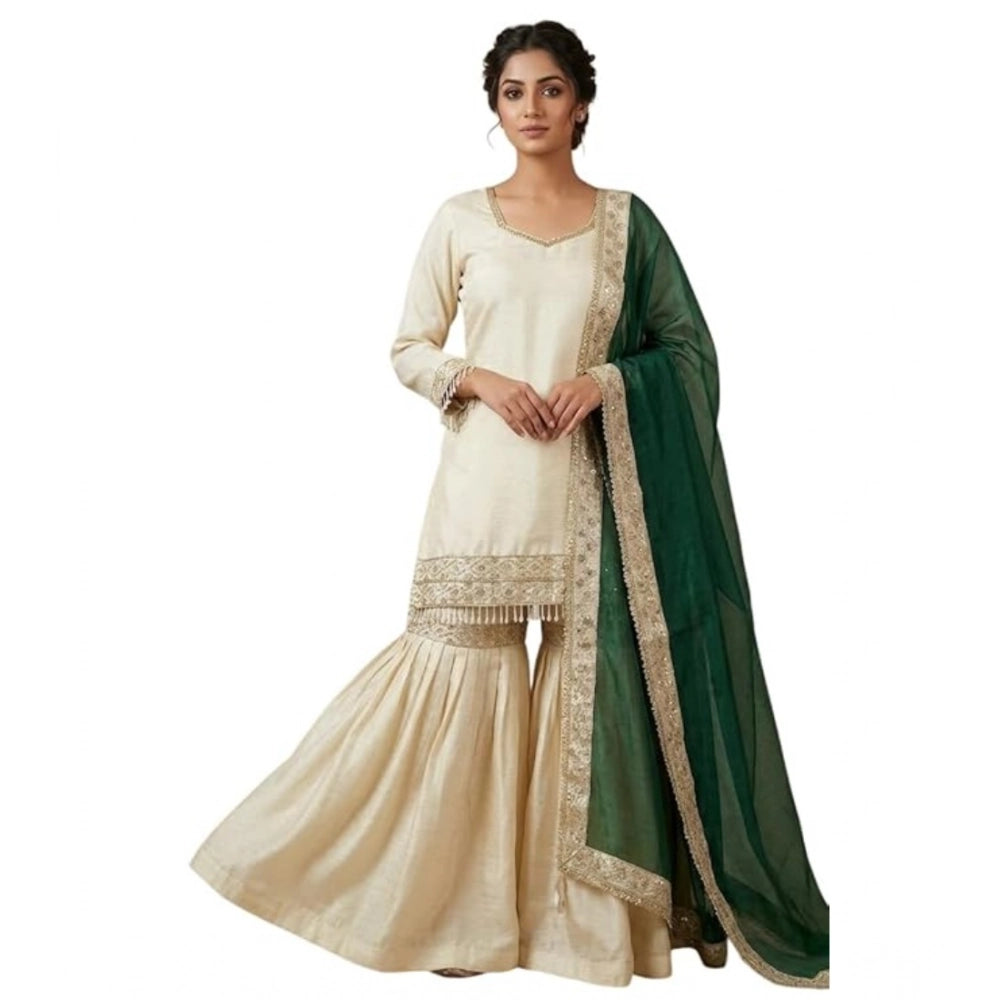 Women's Silk Embroidered 3/4th Sleeve V-Neck Kurti With Sharara Pant and Dupatta Set (Cream & Bottle Green)