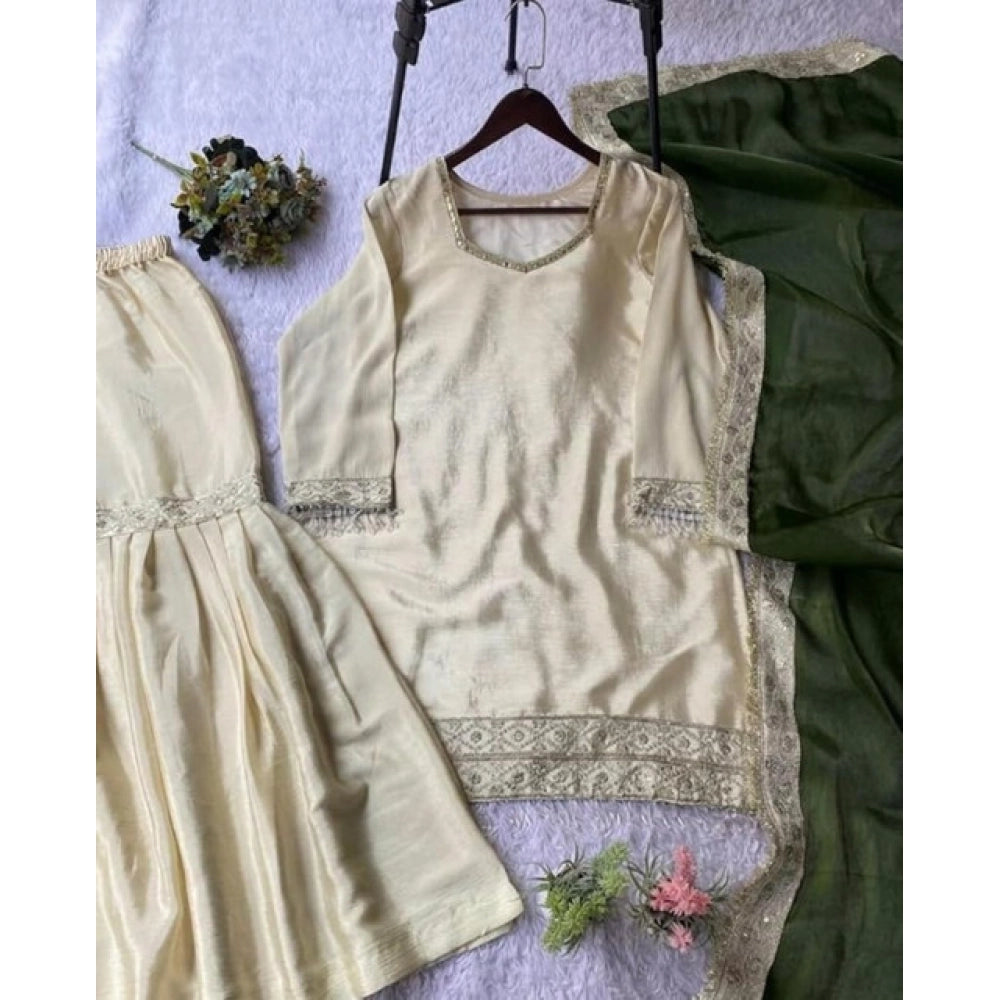 Women's Silk Embroidered 3/4th Sleeve V-Neck Kurti With Sharara Pant and Dupatta Set (Cream & Green)