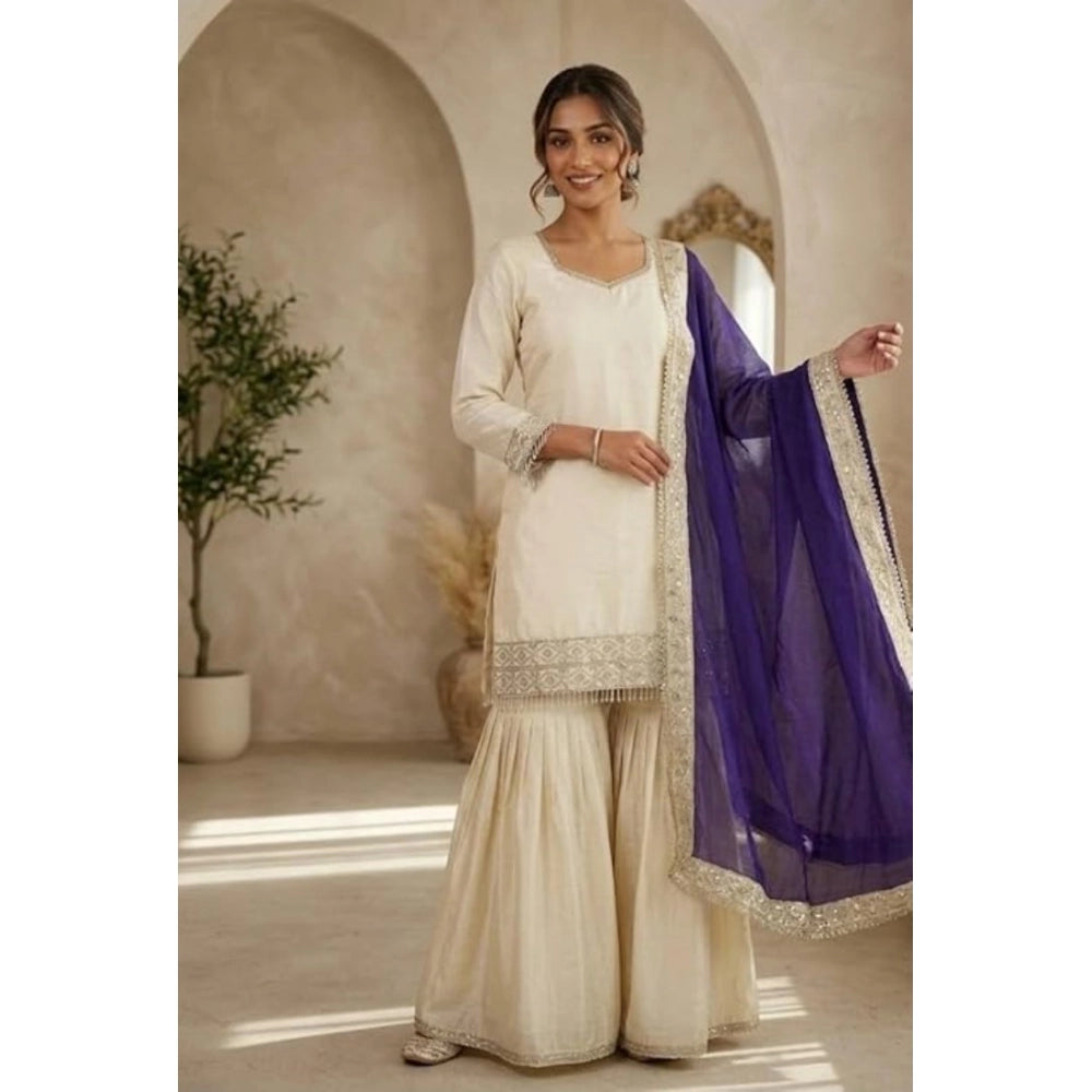 Women's Silk Embroidered 3/4th Sleeve V-Neck Kurti With Sharara Pant and Dupatta Set (Cream & Purple)