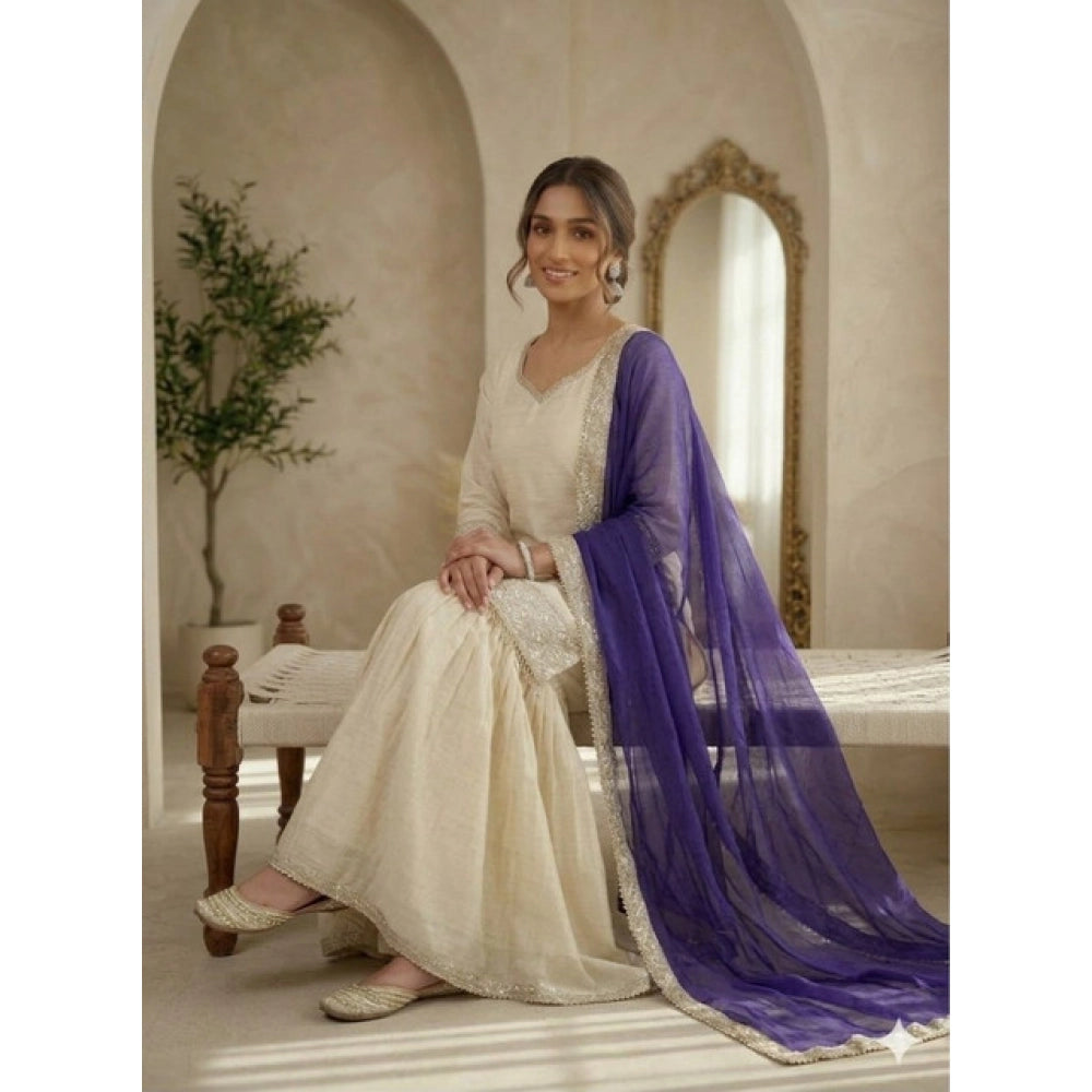 Women's Silk Embroidered 3/4th Sleeve V-Neck Kurti With Sharara Pant and Dupatta Set (Cream & Purple)