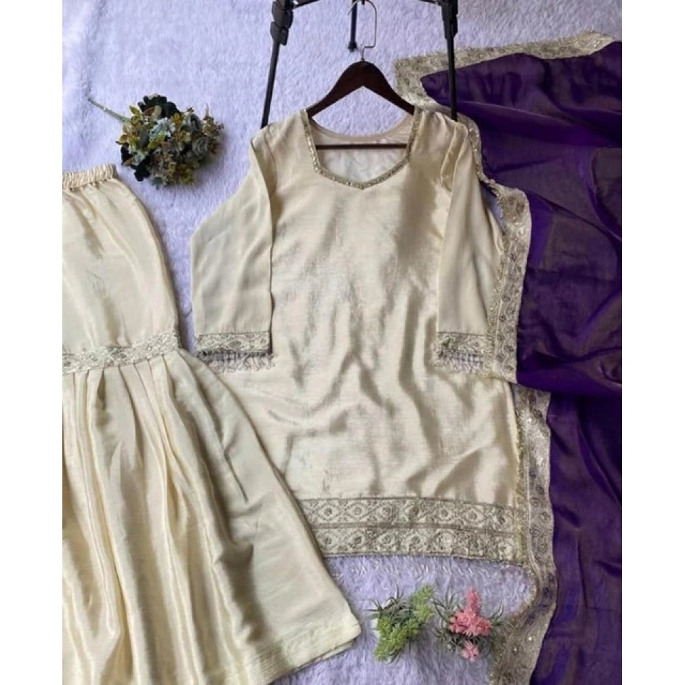 Women's Silk Embroidered 3/4th Sleeve V-Neck Kurti With Sharara Pant and Dupatta Set (Cream & Purple)