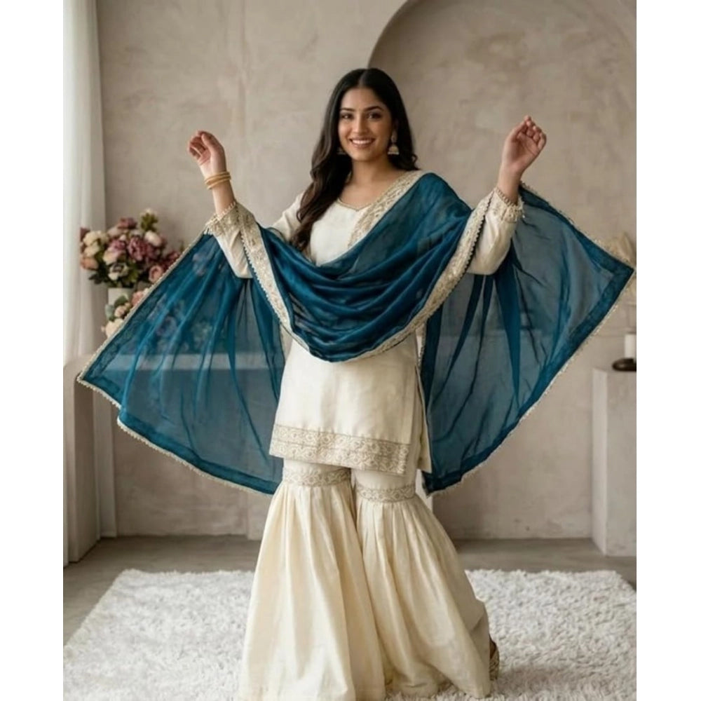 Women's Silk Embroidered 3/4th Sleeve V-Neck Kurti With Sharara Pant and Dupatta Set (Cream & Teal)
