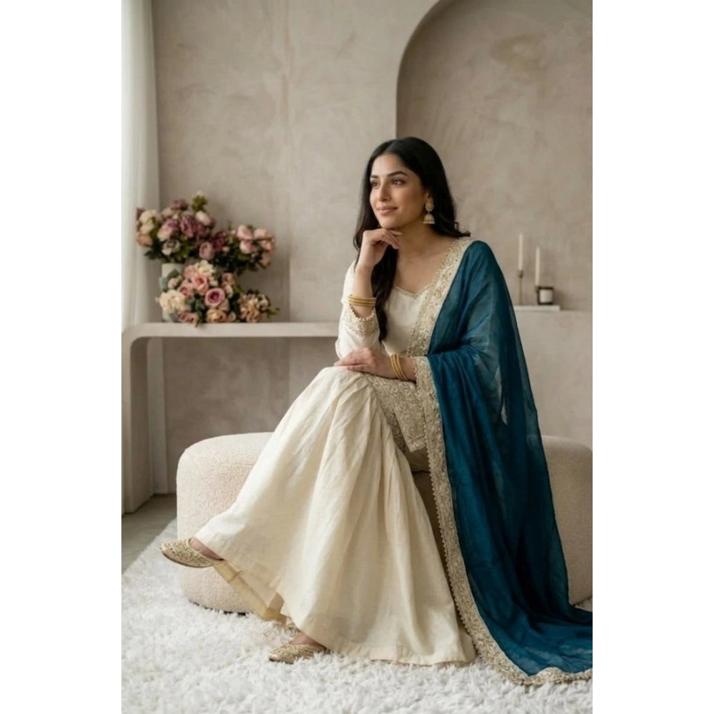 Women's Silk Embroidered 3/4th Sleeve V-Neck Kurti With Sharara Pant and Dupatta Set (Cream & Teal)