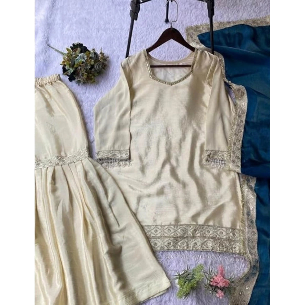 Women's Silk Embroidered 3/4th Sleeve V-Neck Kurti With Sharara Pant and Dupatta Set (Cream & Teal)