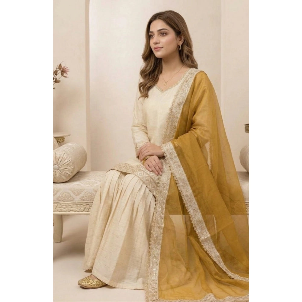 Women's Silk Embroidered 3/4th Sleeve V-Neck Kurti With Sharara Pant and Dupatta Set (Cream & Yellow)