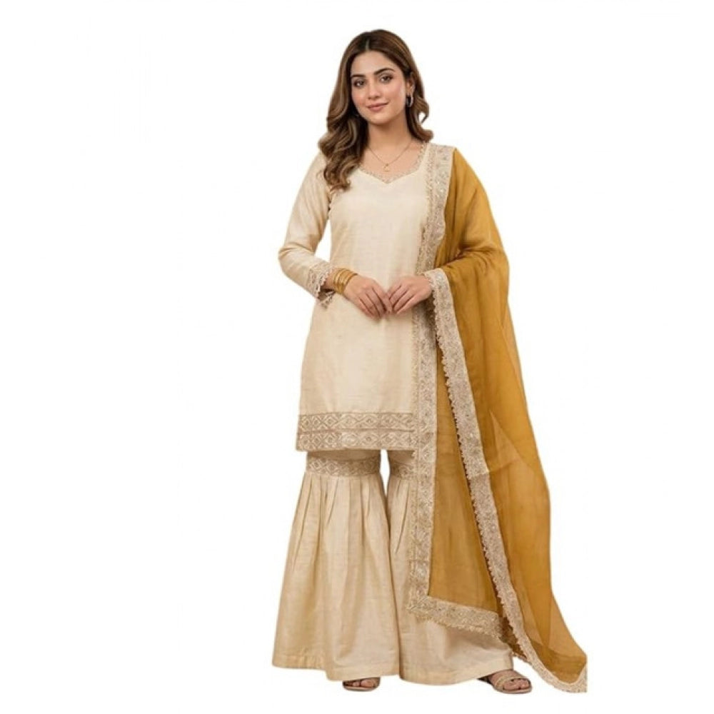 Women's Silk Embroidered 3/4th Sleeve V-Neck Kurti With Sharara Pant and Dupatta Set (Cream & Yellow)