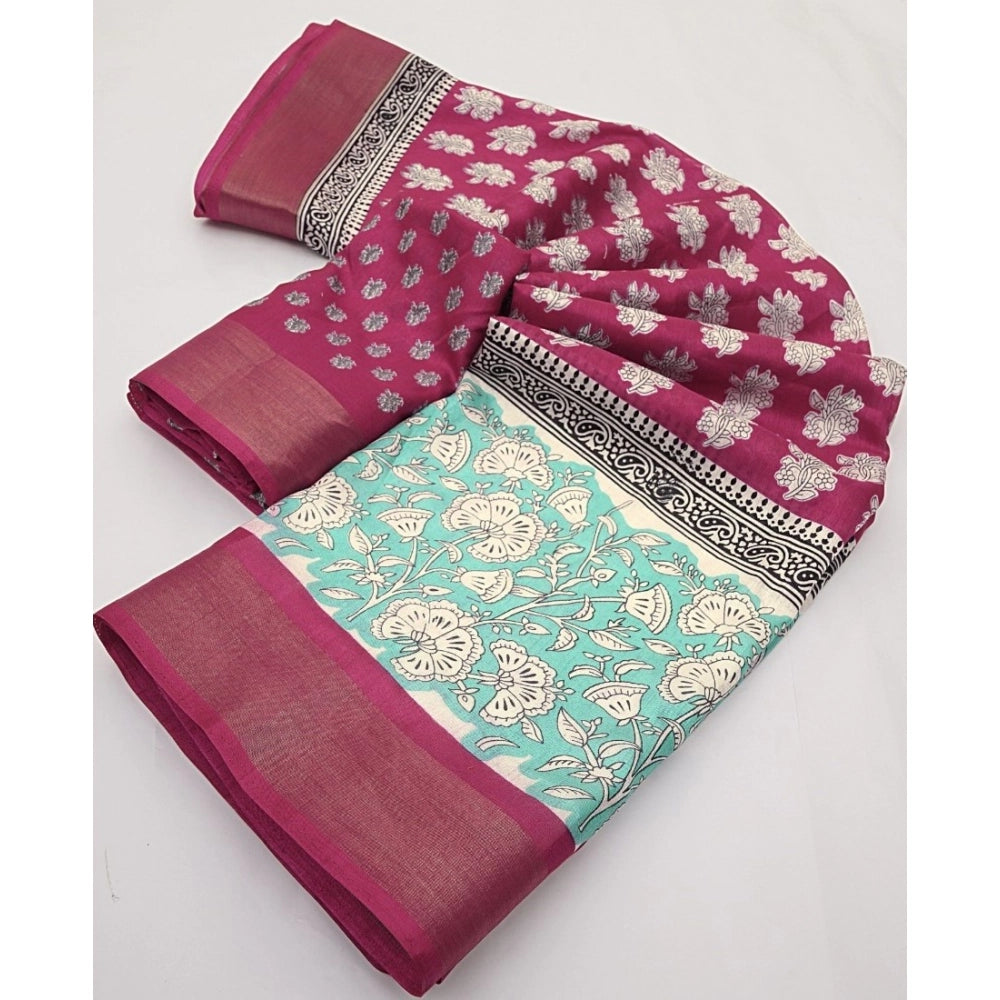 Women'S Cotton Blend Printed Saree With Unstitched Blouse 5.5M