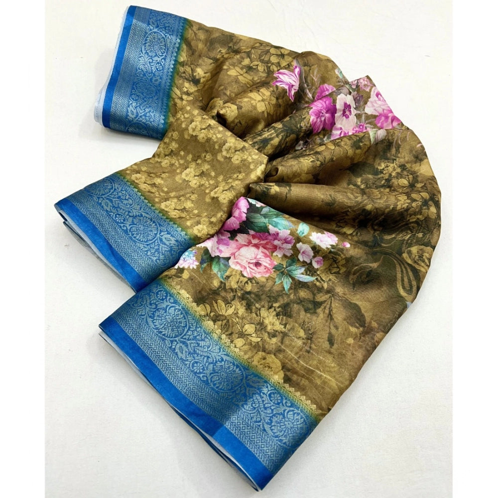 Women'S Cotton Blend Floral Printed Saree With Unstitched Blou
