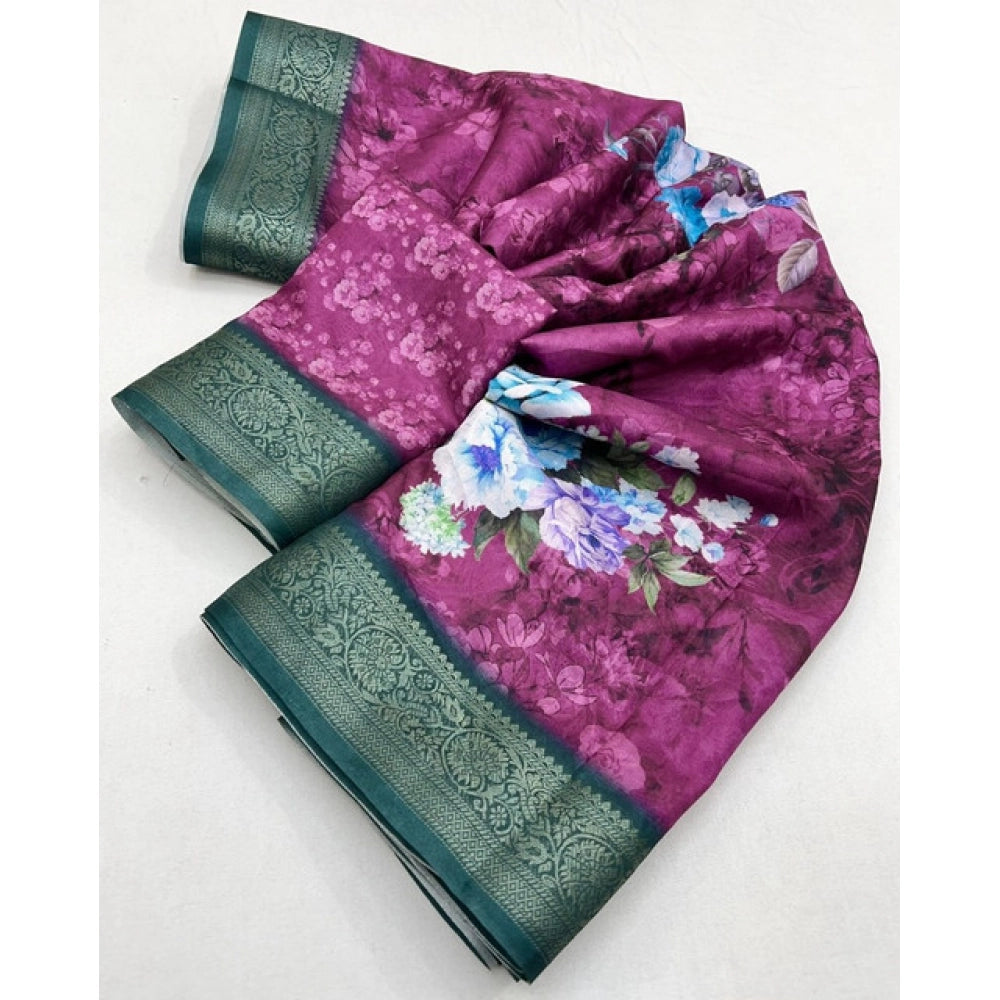 Women'S Cotton Blend Floral Printed Saree With Unstitched Blou