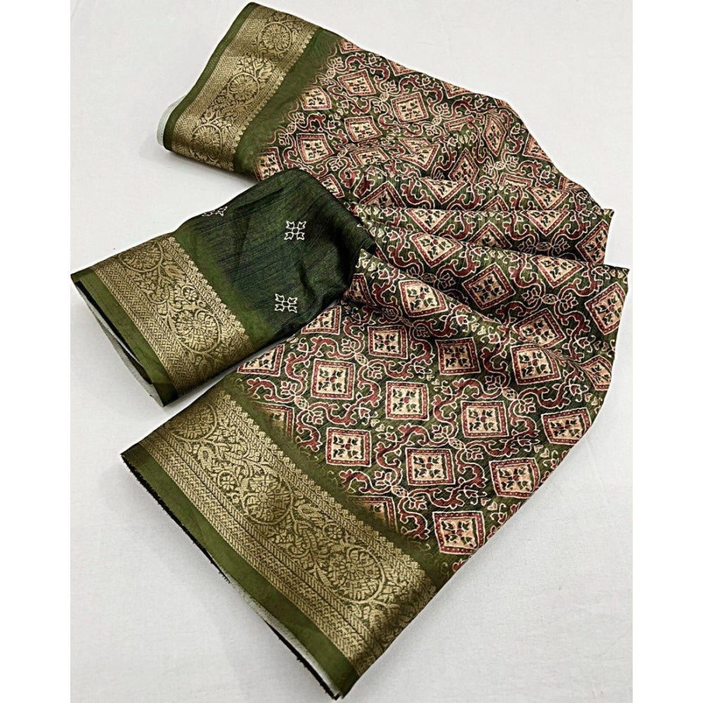 Women'S Cotton Blend Printed Saree With Unstitched Blouse 5.5M