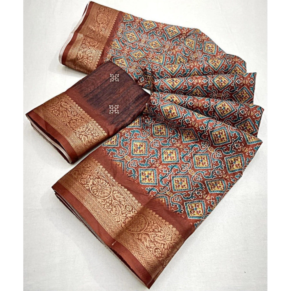 Women'S Cotton Blend Printed Saree With Unstitched Blouse 5.5M