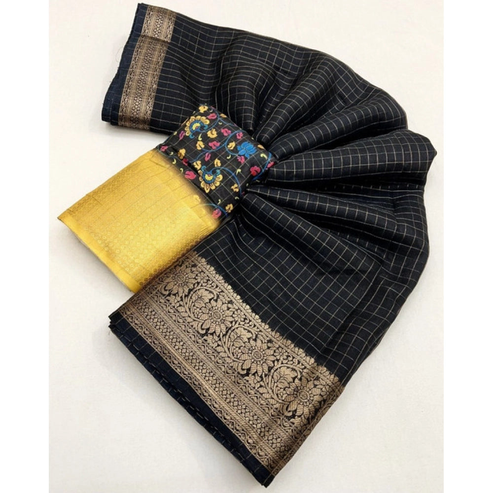 Women'S Cotton Blend Checkered Saree With Unstitched Blouse 5.