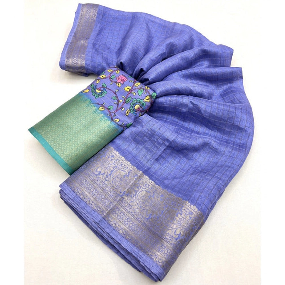 Women'S Cotton Blend Checkered Saree With Unstitched Blouse 5.