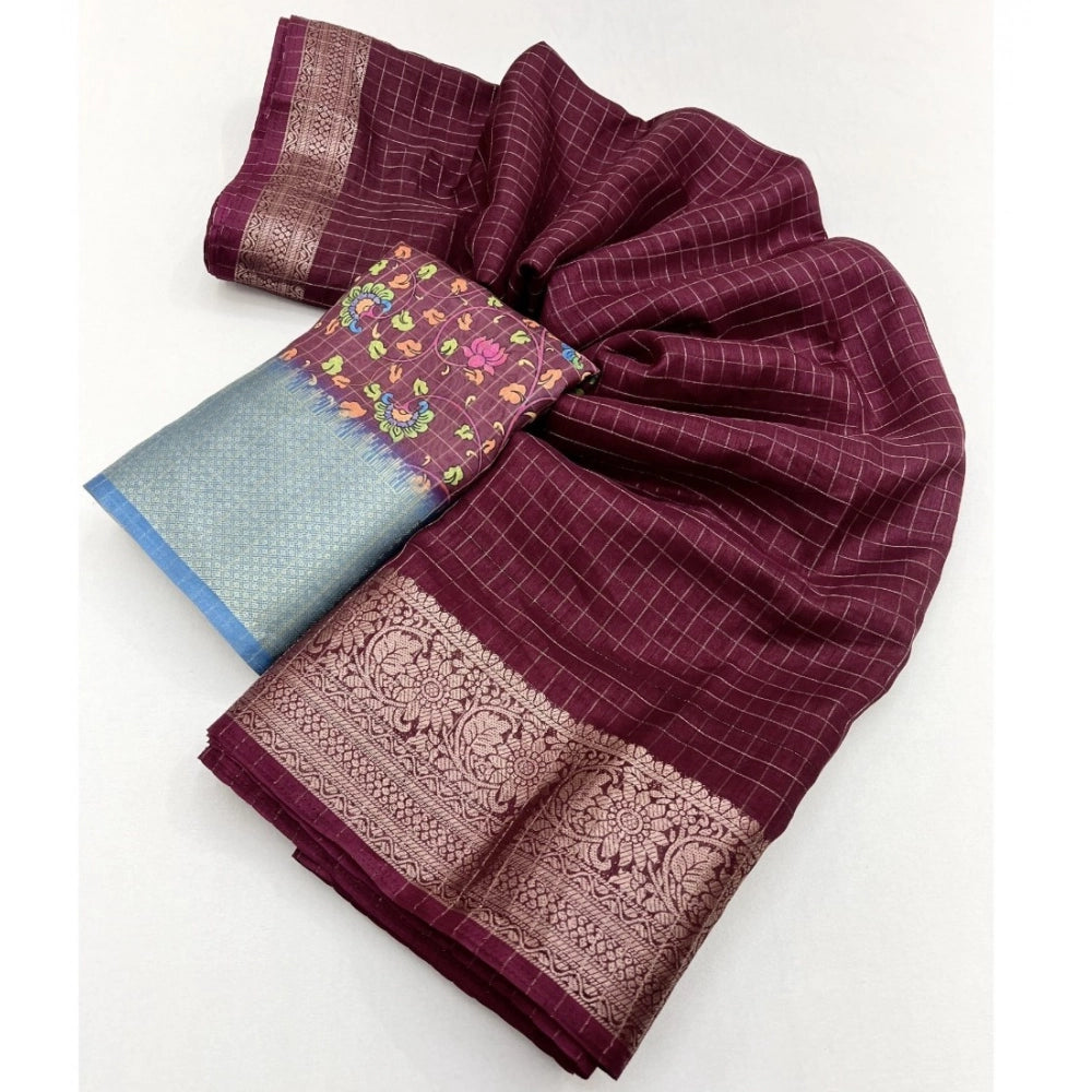 Women'S Cotton Blend Checkered Saree With Unstitched Blouse 5.