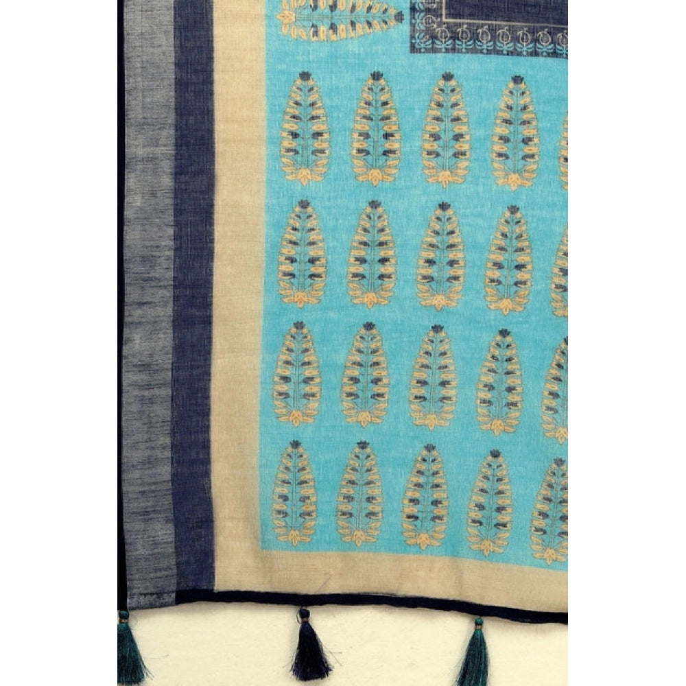 Women'S Cotton Linen Printed Saree With Unstitched Blouse 5.5M