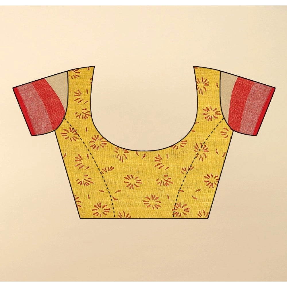 Women'S Cotton Linen Printed Saree With Unstitched Blouse 5.5M