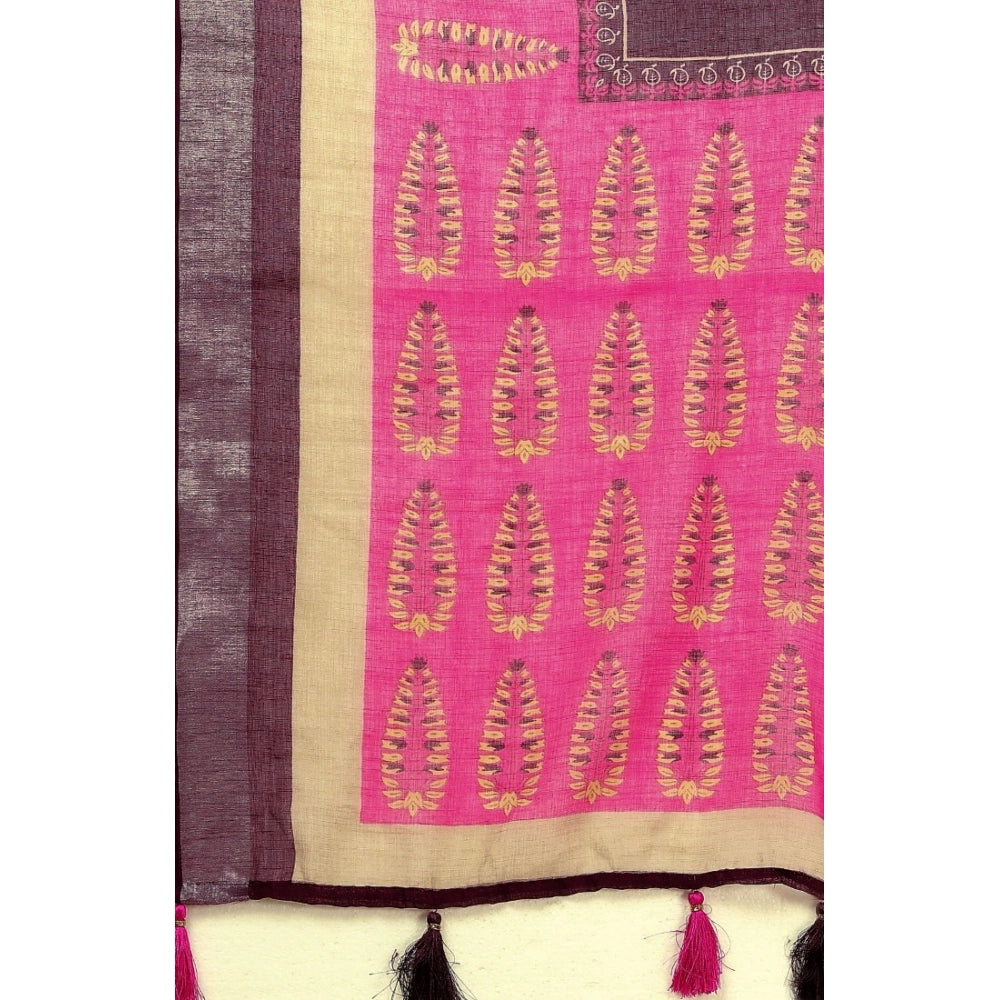 Women'S Cotton Linen Printed Saree With Unstitched Blouse 5.5M