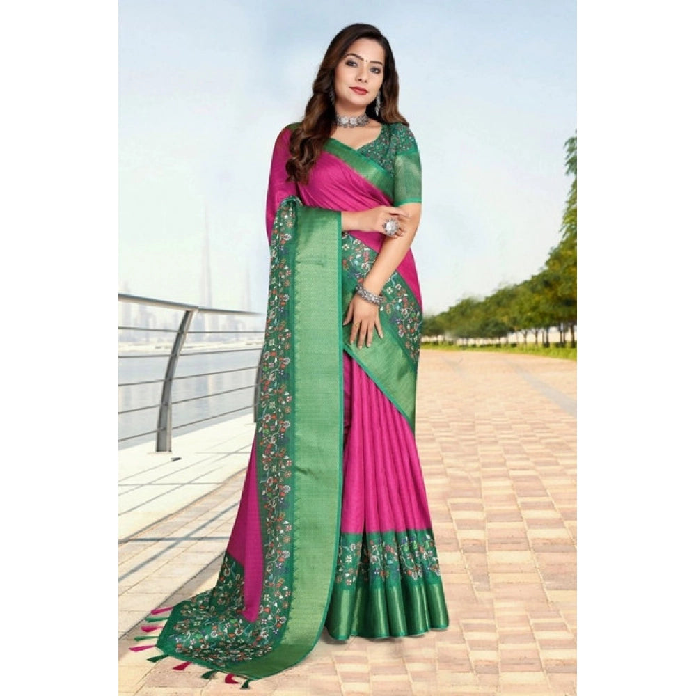 Women'S Cotton Silk Printed Saree With Unstitched Blouse 5.5Mt