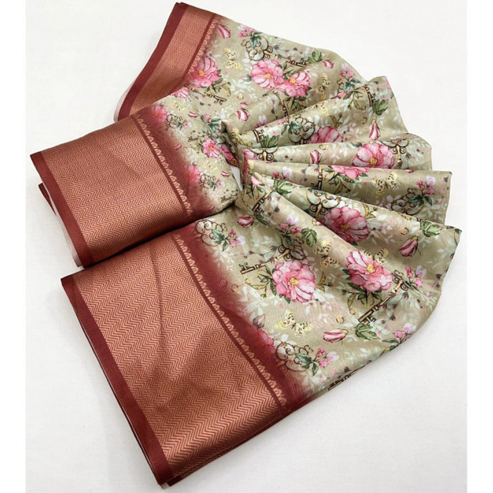 Women'S Cotton Silk Floral Printed Saree With Unstitched Blous